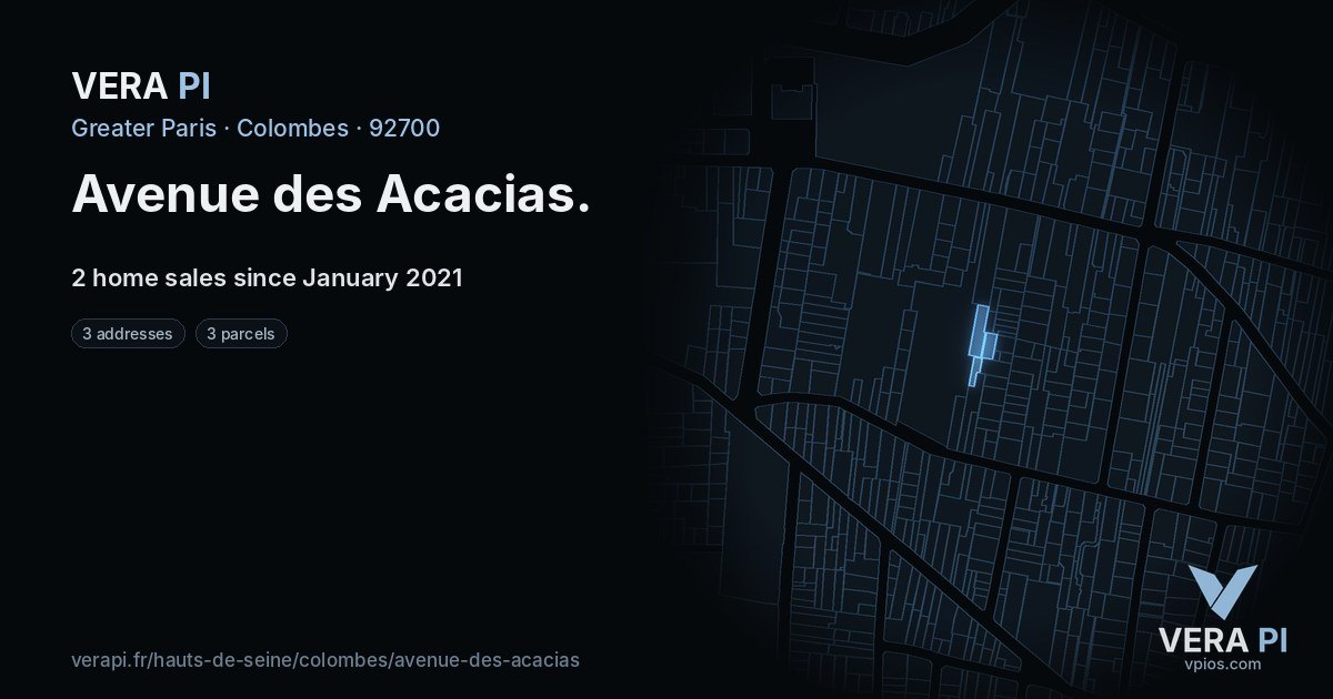 Avenue des Acacias, Colombes at night – every parcel coloured by the prices around it, the street's own parcels lit