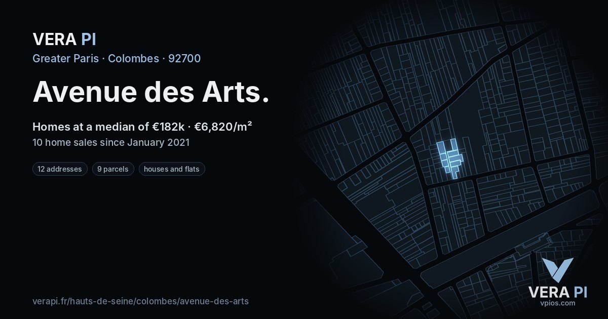 Avenue des Arts, Colombes at night – every parcel coloured by the prices around it, the street's own parcels lit