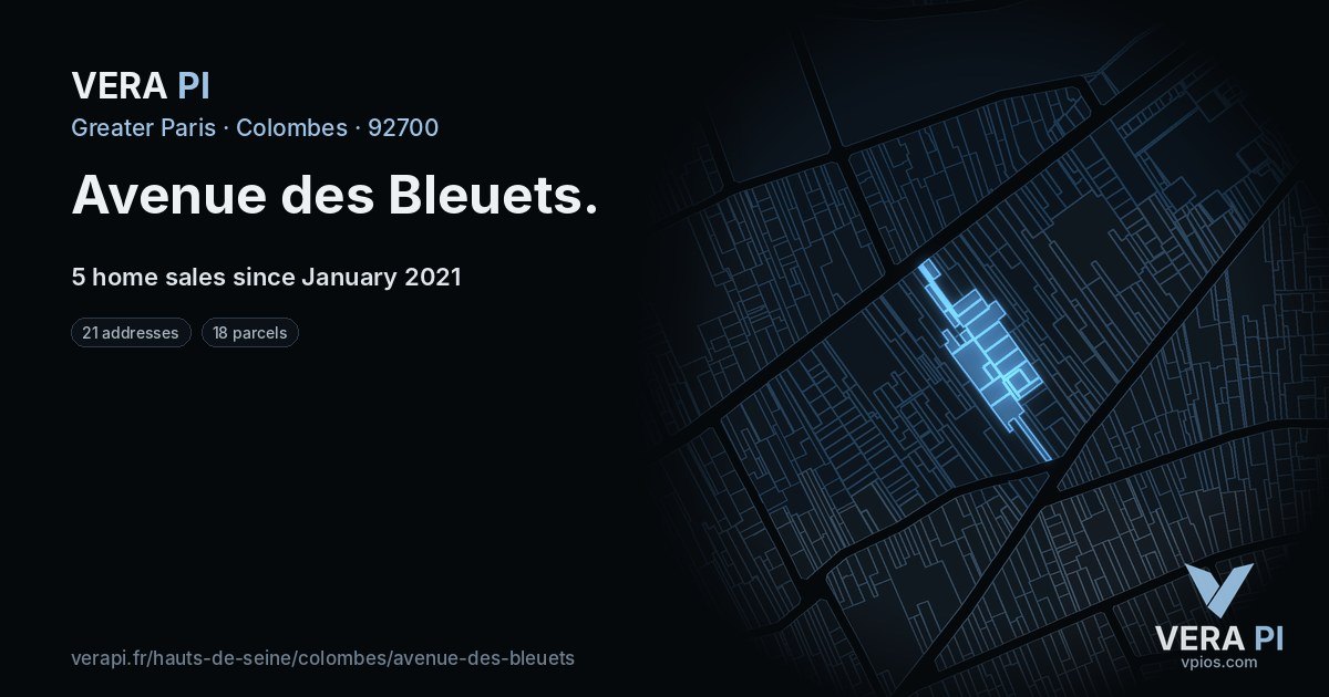 Avenue des Bleuets, Colombes at night – every parcel coloured by the prices around it, the street's own parcels lit