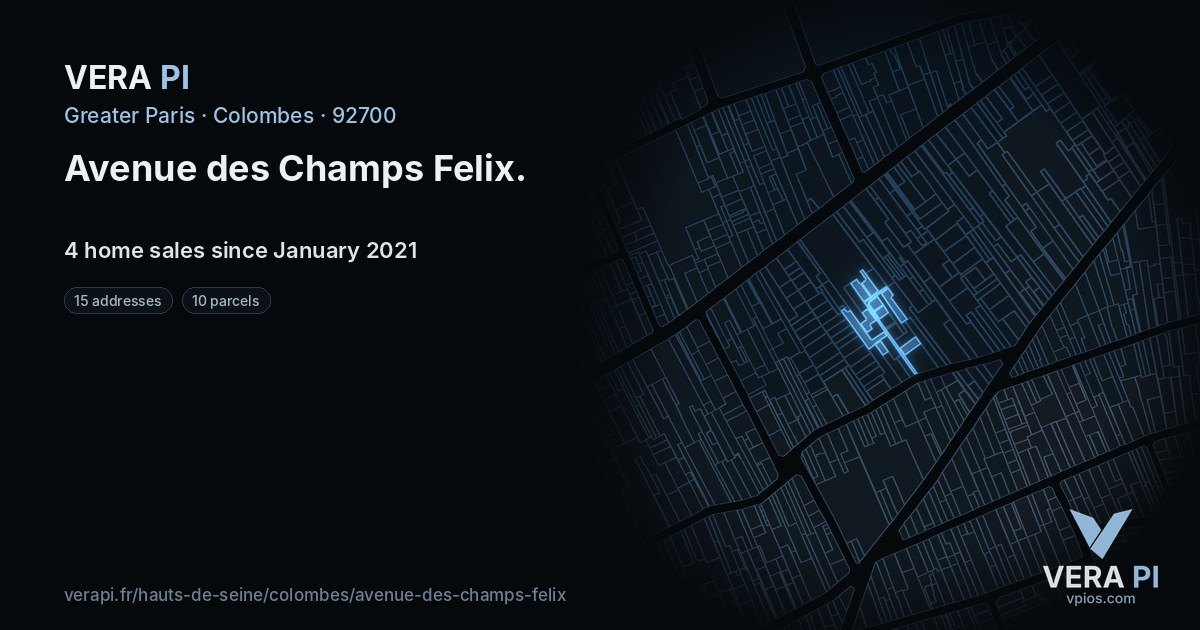 Avenue des Champs Felix, Colombes at night – every parcel coloured by the prices around it, the street's own parcels lit