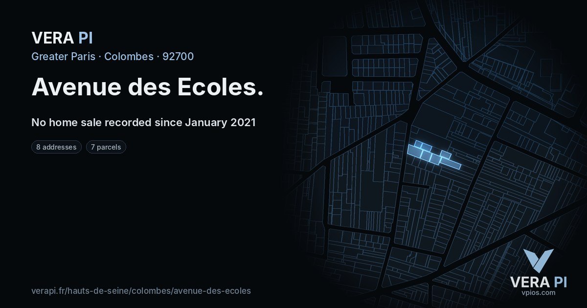 Avenue des Ecoles, Colombes at night – every parcel coloured by the prices around it, the street's own parcels lit