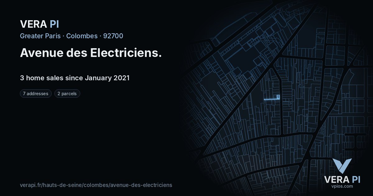 Avenue des Electriciens, Colombes at night – every parcel coloured by the prices around it, the street's own parcels lit