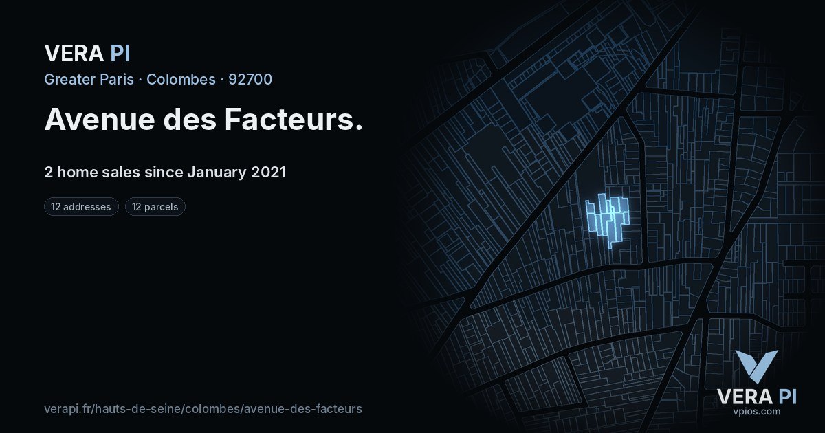 Avenue des Facteurs, Colombes at night – every parcel coloured by the prices around it, the street's own parcels lit