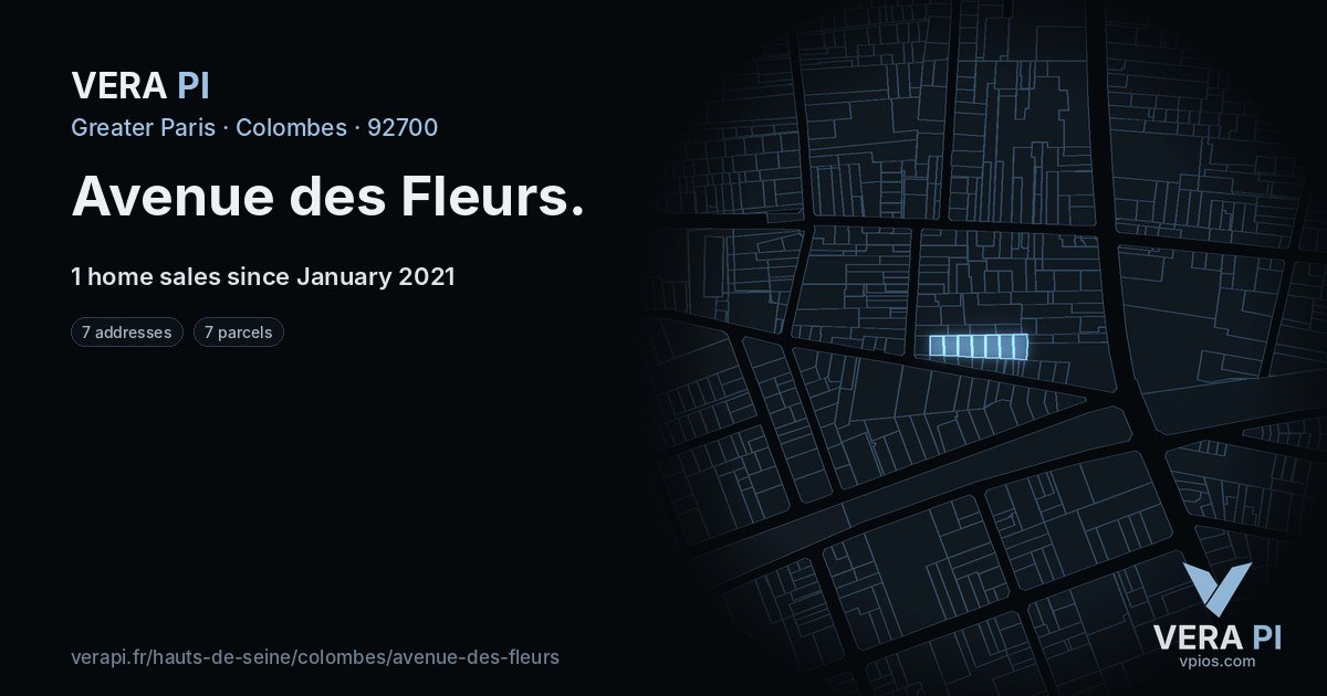Avenue des Fleurs, Colombes at night – every parcel coloured by the prices around it, the street's own parcels lit