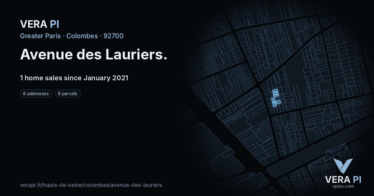 Avenue des Lauriers, Colombes at night – every parcel coloured by the prices around it, the street's own parcels lit