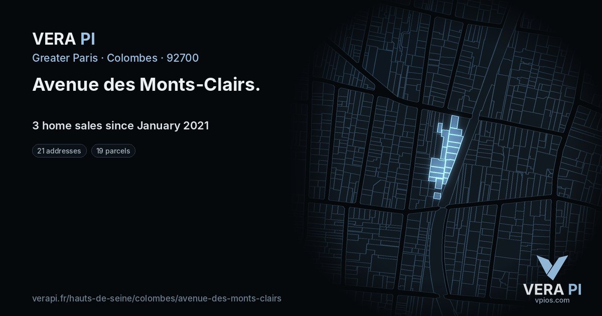 Avenue des Monts-Clairs, Colombes at night – every parcel coloured by the prices around it, the street's own parcels lit