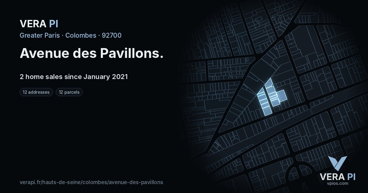 Avenue des Pavillons, Colombes at night – every parcel coloured by the prices around it, the street's own parcels lit