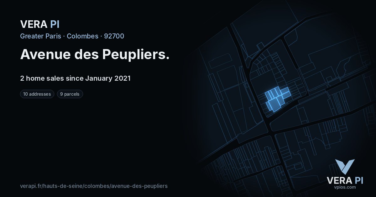 Avenue des Peupliers, Colombes at night – every parcel coloured by the prices around it, the street's own parcels lit
