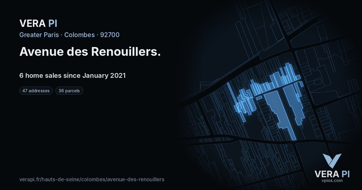 Avenue des Renouillers, Colombes at night – every parcel coloured by the prices around it, the street's own parcels lit