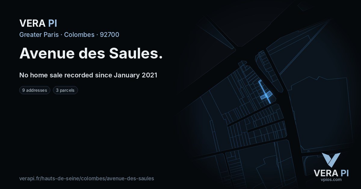 Avenue des Saules, Colombes at night – every parcel coloured by the prices around it, the street's own parcels lit