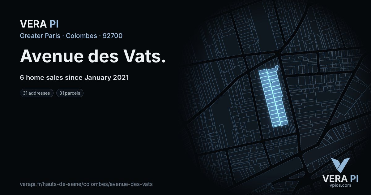 Avenue des Vats, Colombes at night – every parcel coloured by the prices around it, the street's own parcels lit