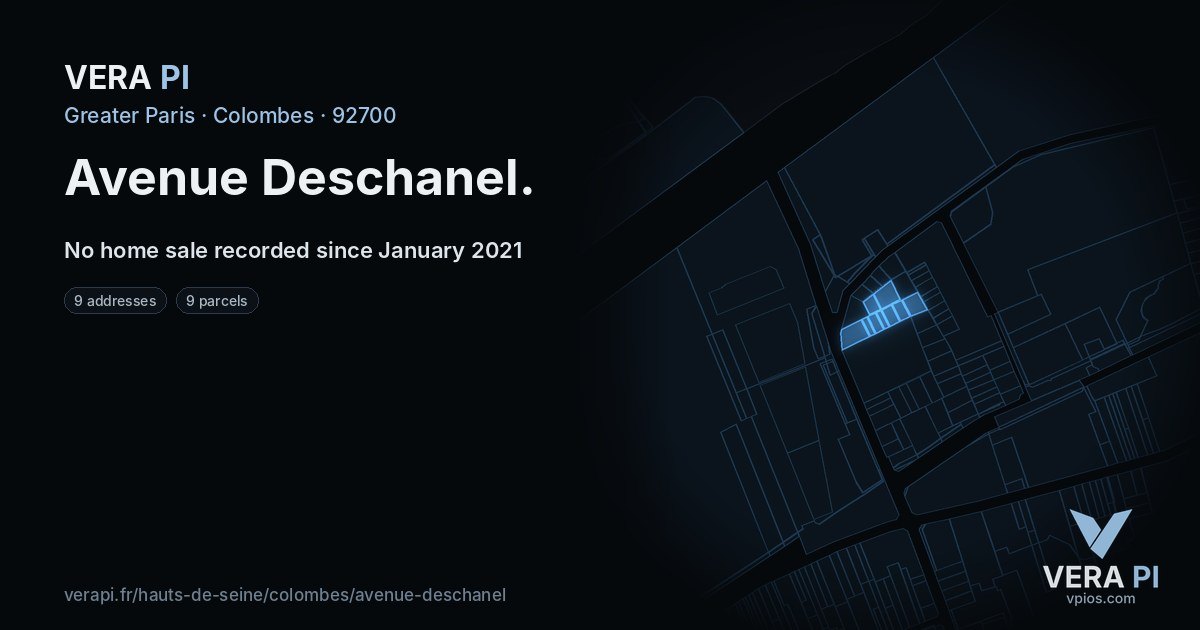 Avenue Deschanel, Colombes at night – every parcel coloured by the prices around it, the street's own parcels lit