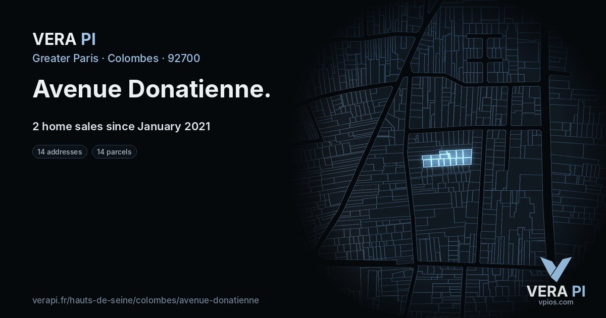 Avenue Donatienne, Colombes at night – every parcel coloured by the prices around it, the street's own parcels lit
