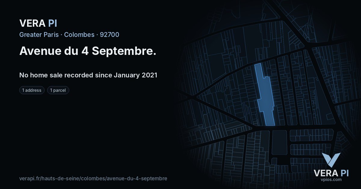 Avenue du 4 Septembre, Colombes at night – every parcel coloured by the prices around it, the street's own parcels lit