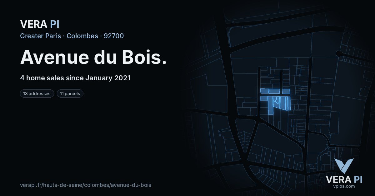Avenue du Bois, Colombes at night – every parcel coloured by the prices around it, the street's own parcels lit