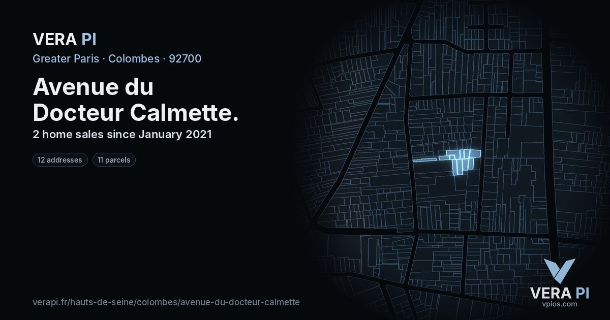 Avenue du Docteur Calmette, Colombes at night – every parcel coloured by the prices around it, the street's own parcels lit