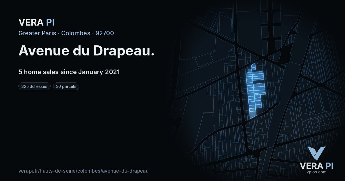 Avenue du Drapeau, Colombes at night – every parcel coloured by the prices around it, the street's own parcels lit