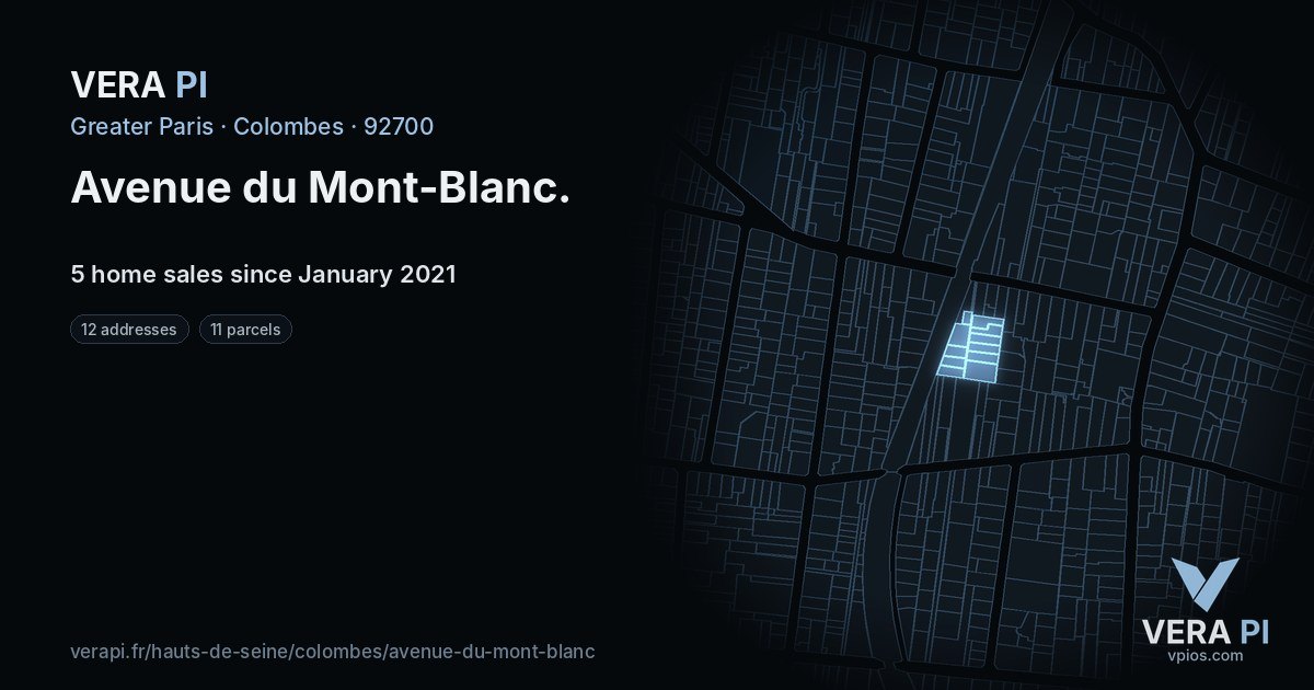 Avenue du Mont-Blanc, Colombes at night – every parcel coloured by the prices around it, the street's own parcels lit