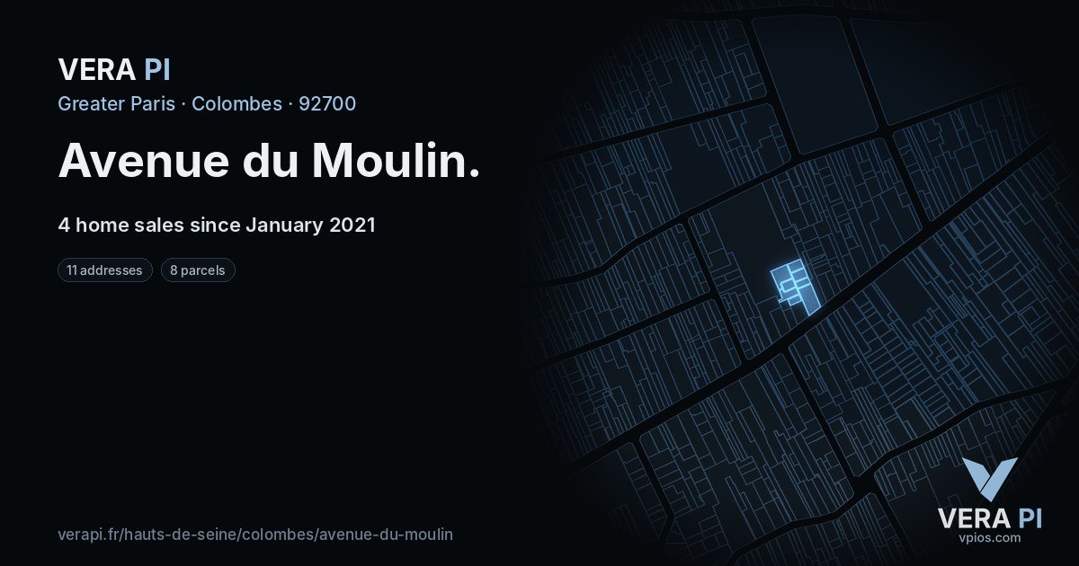 Avenue du Moulin, Colombes at night – every parcel coloured by the prices around it, the street's own parcels lit
