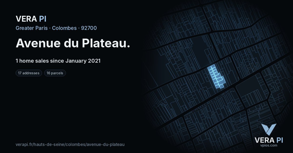 Avenue du Plateau, Colombes at night – every parcel coloured by the prices around it, the street's own parcels lit