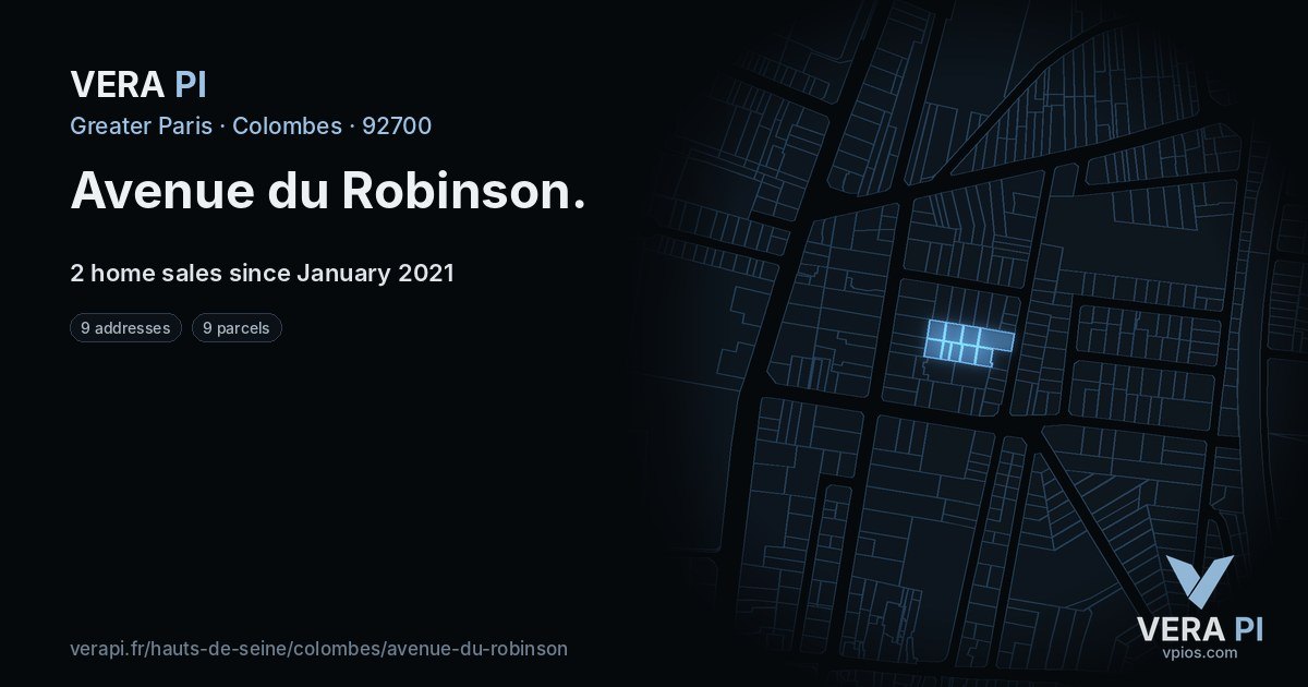 Avenue du Robinson, Colombes at night – every parcel coloured by the prices around it, the street's own parcels lit