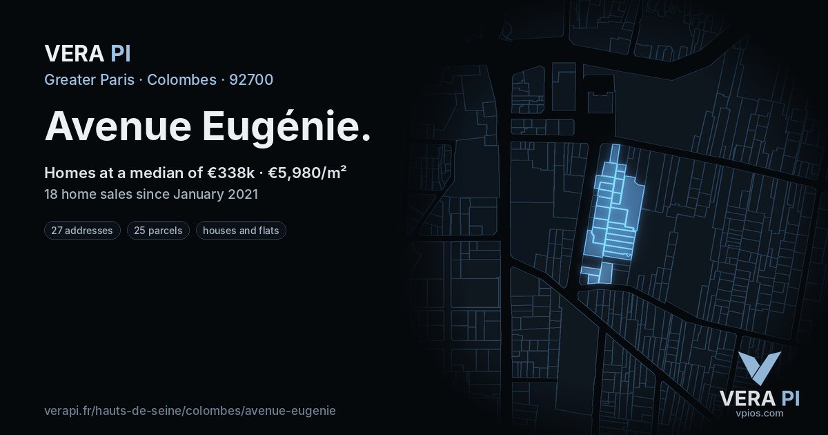 Avenue Eugénie, Colombes at night – every parcel coloured by the prices around it, the street's own parcels lit