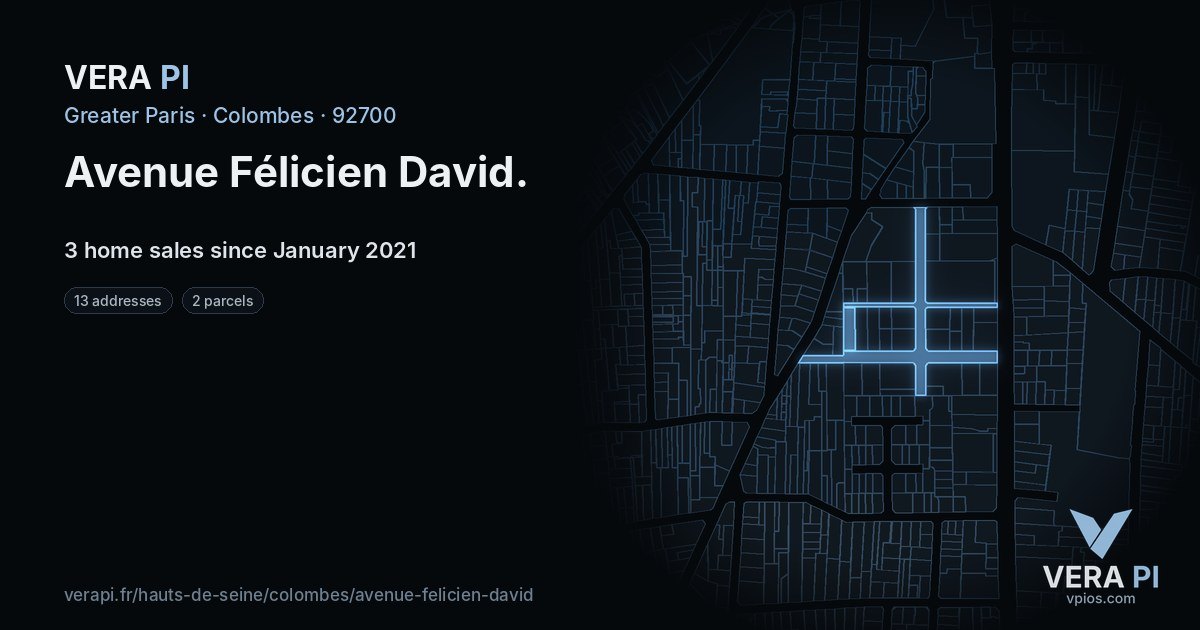 Avenue Félicien David, Colombes at night – every parcel coloured by the prices around it, the street's own parcels lit