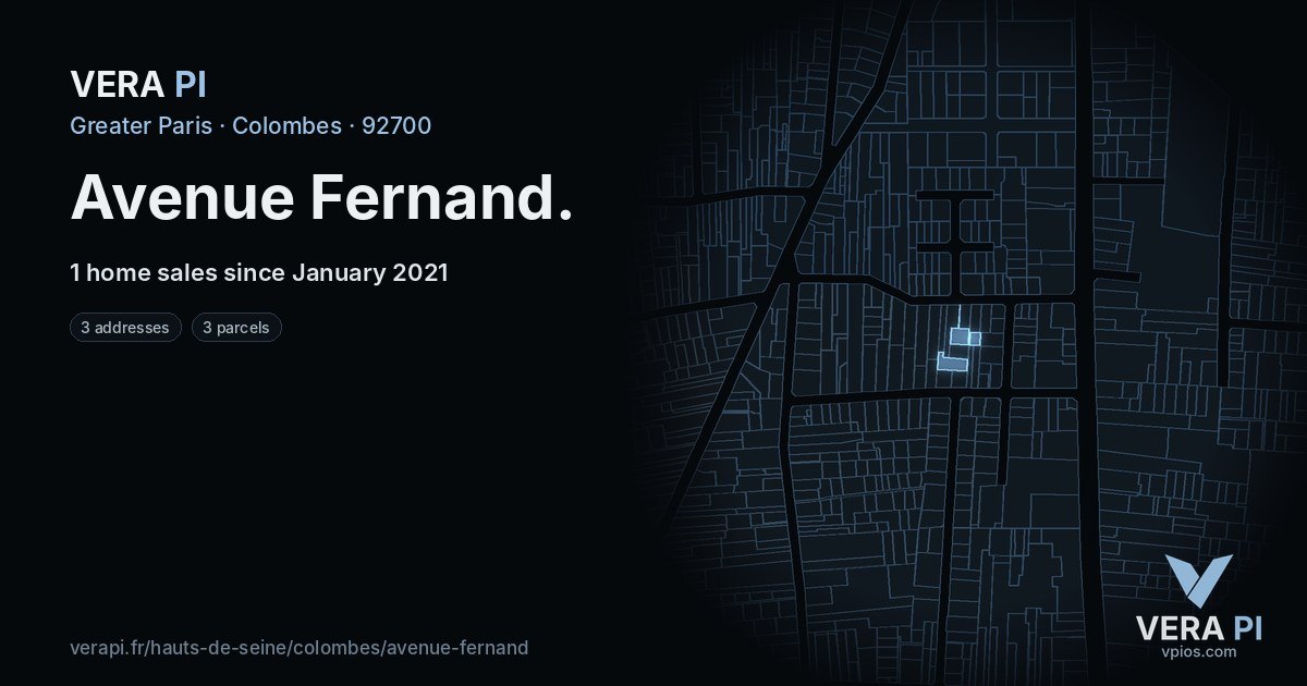 Avenue Fernand, Colombes at night – every parcel coloured by the prices around it, the street's own parcels lit