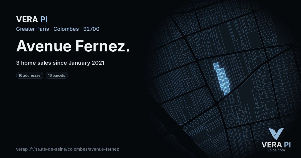 Avenue Fernez, Colombes at night – every parcel coloured by the prices around it, the street's own parcels lit