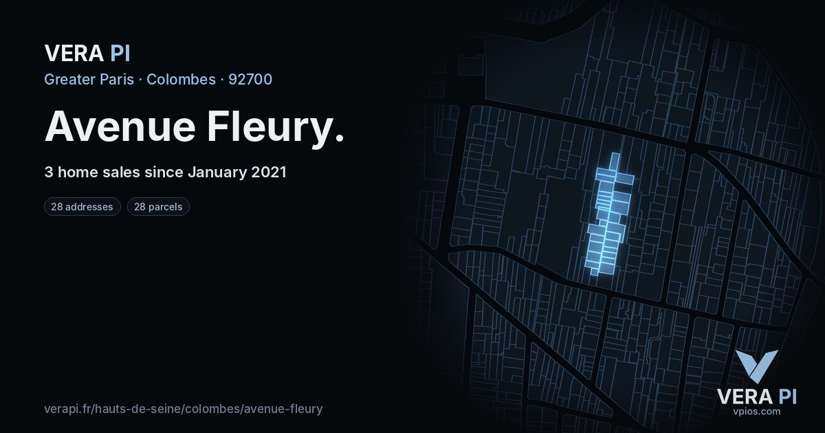 Avenue Fleury, Colombes at night – every parcel coloured by the prices around it, the street's own parcels lit