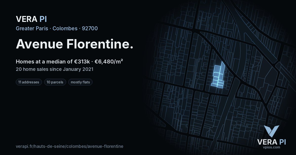 Avenue Florentine, Colombes at night – every parcel coloured by the prices around it, the street's own parcels lit