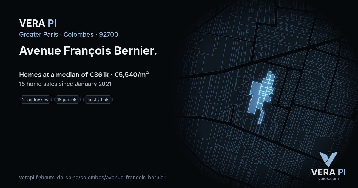 Avenue François Bernier, Colombes at night – every parcel coloured by the prices around it, the street's own parcels lit