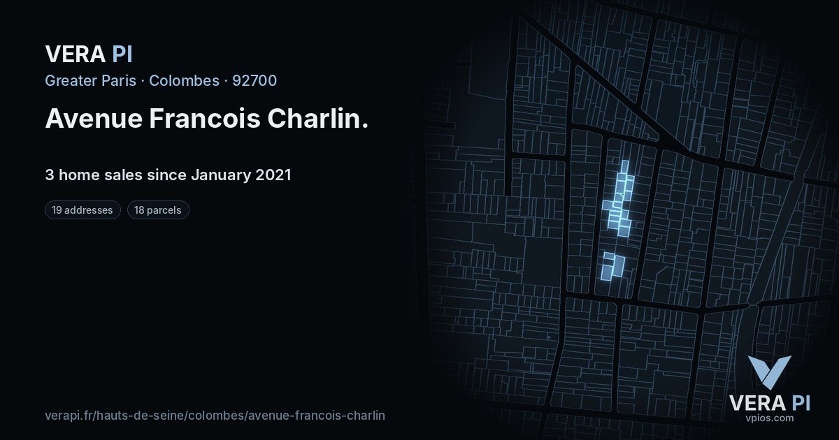 Avenue Francois Charlin, Colombes at night – every parcel coloured by the prices around it, the street's own parcels lit