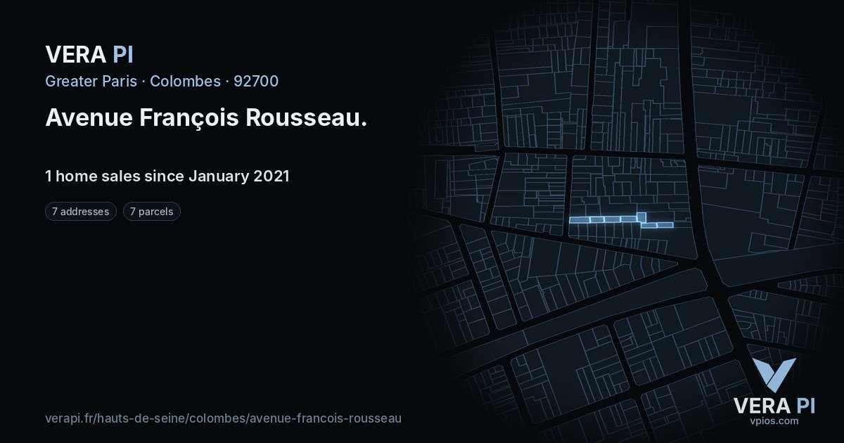 Avenue François Rousseau, Colombes at night – every parcel coloured by the prices around it, the street's own parcels lit