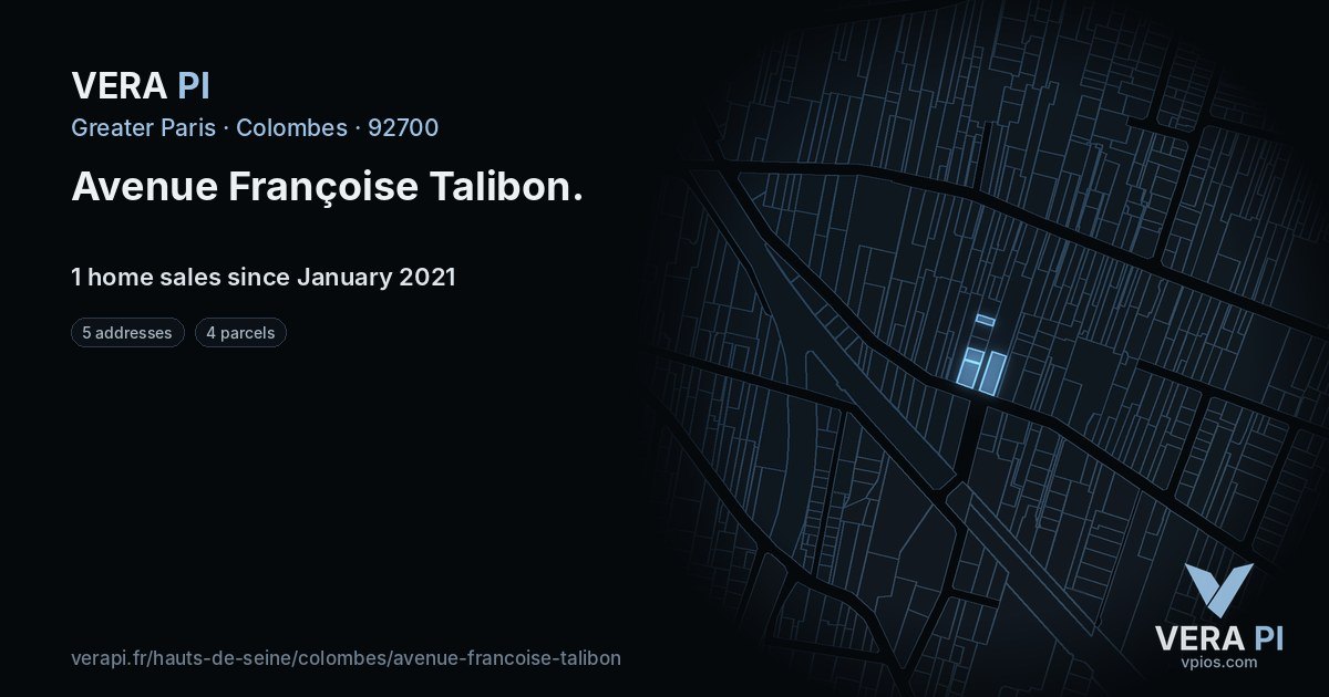 Avenue Françoise Talibon, Colombes at night – every parcel coloured by the prices around it, the street's own parcels lit
