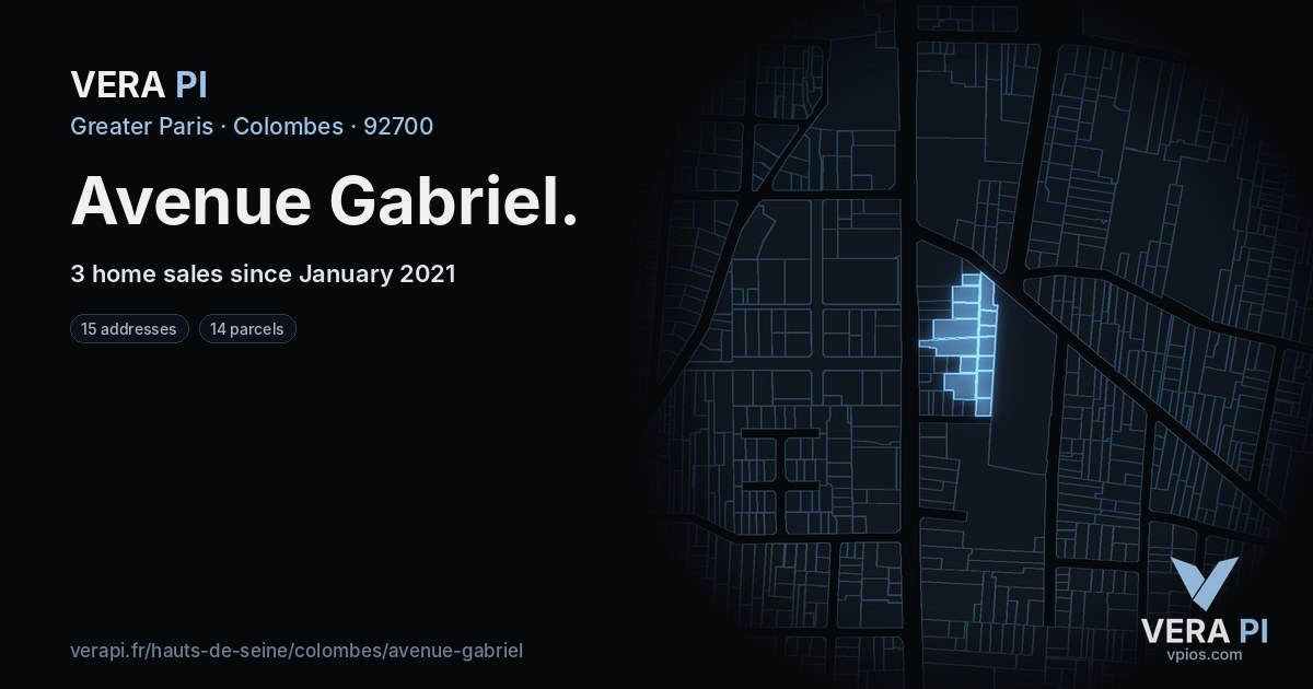 Avenue Gabriel, Colombes at night – every parcel coloured by the prices around it, the street's own parcels lit