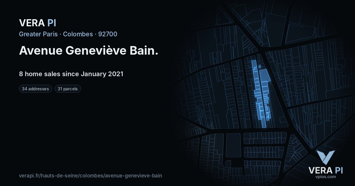Avenue Geneviève Bain, Colombes at night – every parcel coloured by the prices around it, the street's own parcels lit