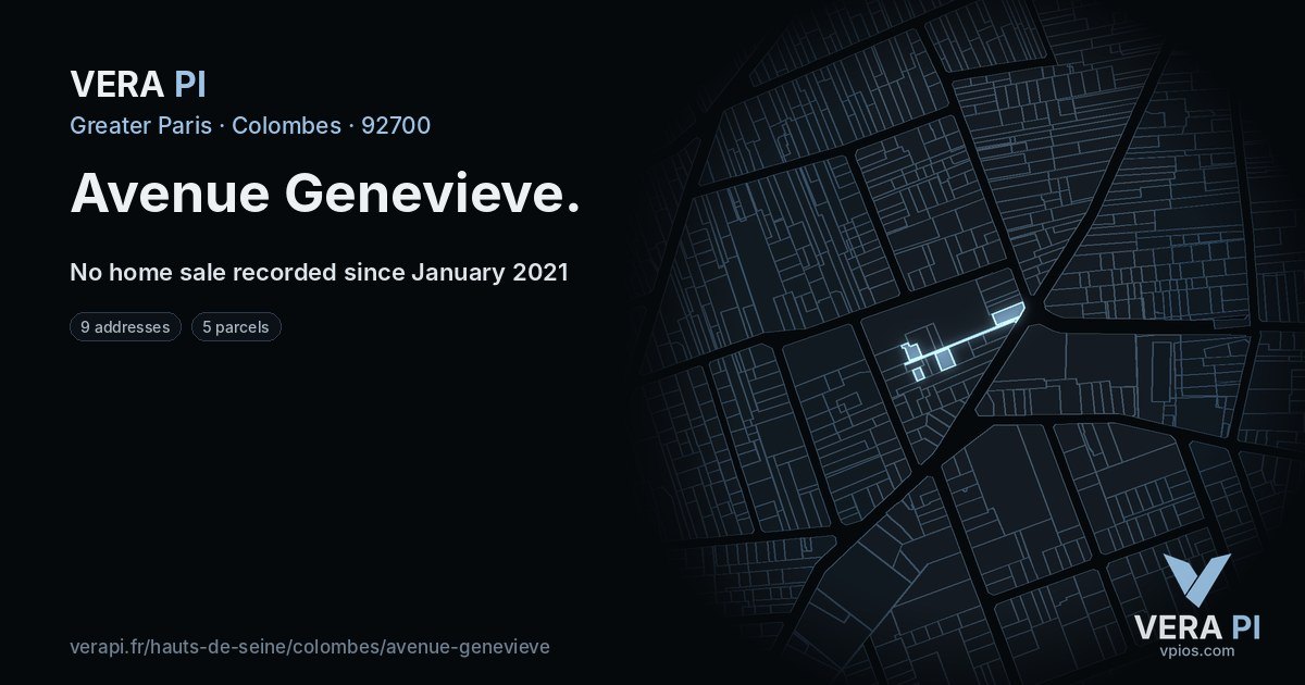 Avenue Genevieve, Colombes at night – every parcel coloured by the prices around it, the street's own parcels lit