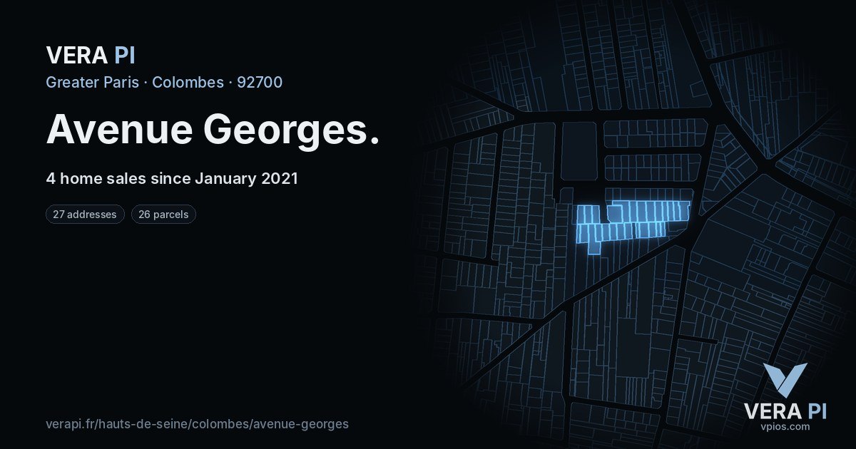 Avenue Georges, Colombes at night – every parcel coloured by the prices around it, the street's own parcels lit