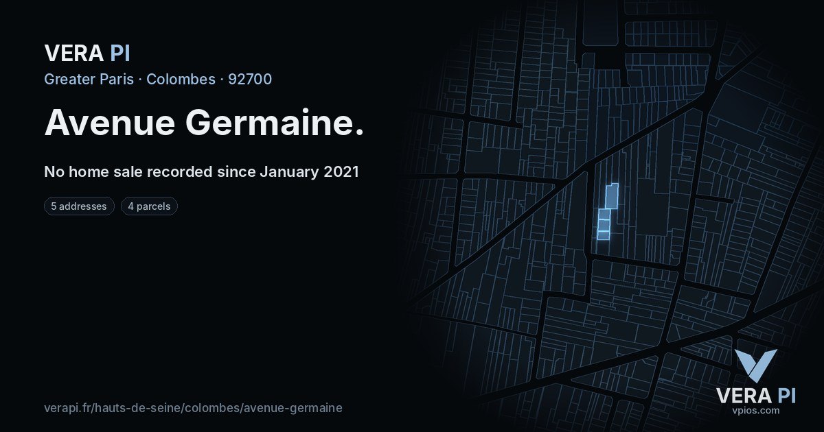 Avenue Germaine, Colombes at night – every parcel coloured by the prices around it, the street's own parcels lit