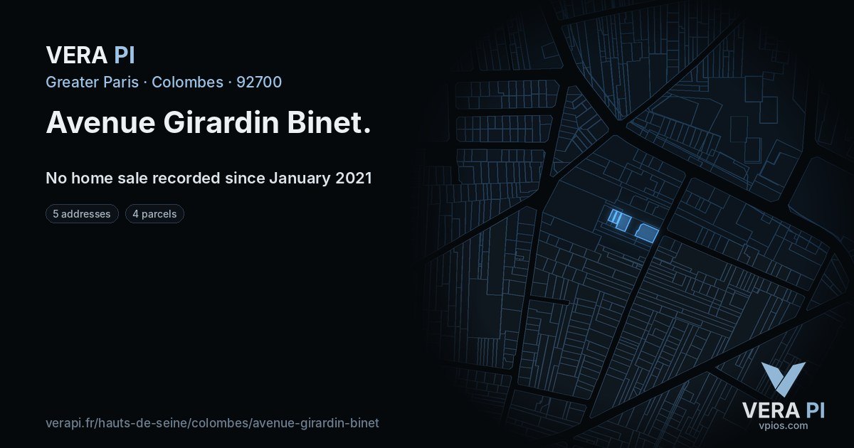 Avenue Girardin Binet, Colombes at night – every parcel coloured by the prices around it, the street's own parcels lit