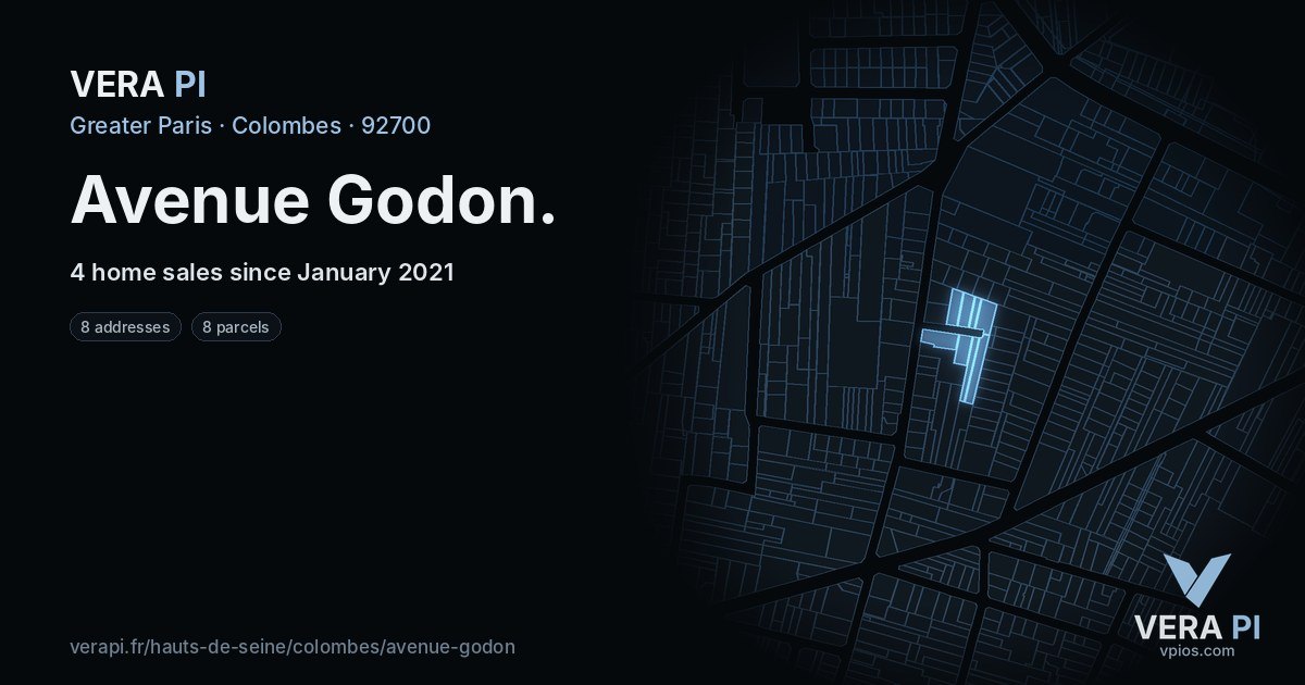 Avenue Godon, Colombes at night – every parcel coloured by the prices around it, the street's own parcels lit