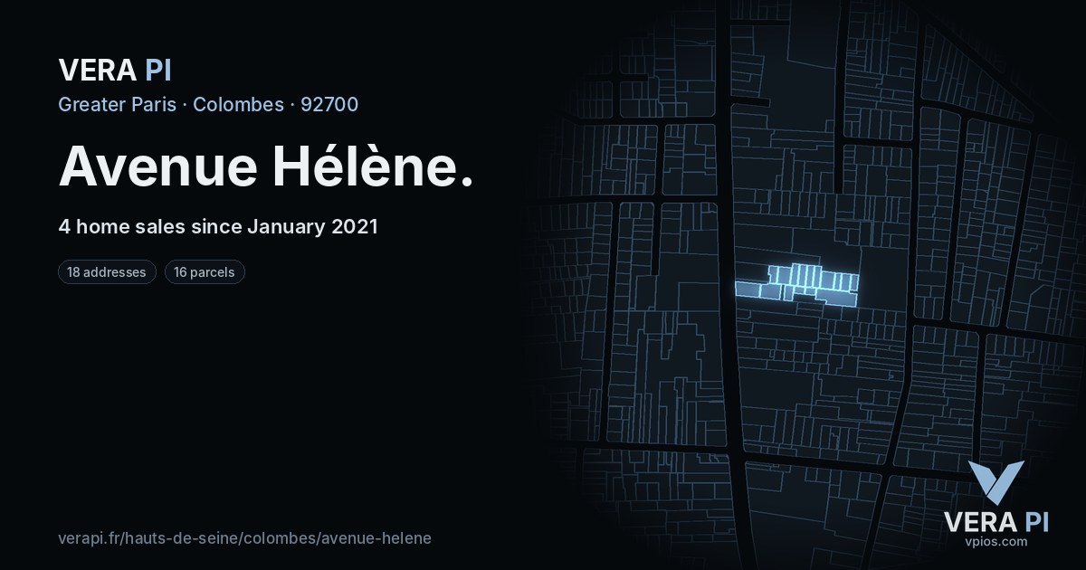 Avenue Hélène, Colombes at night – every parcel coloured by the prices around it, the street's own parcels lit