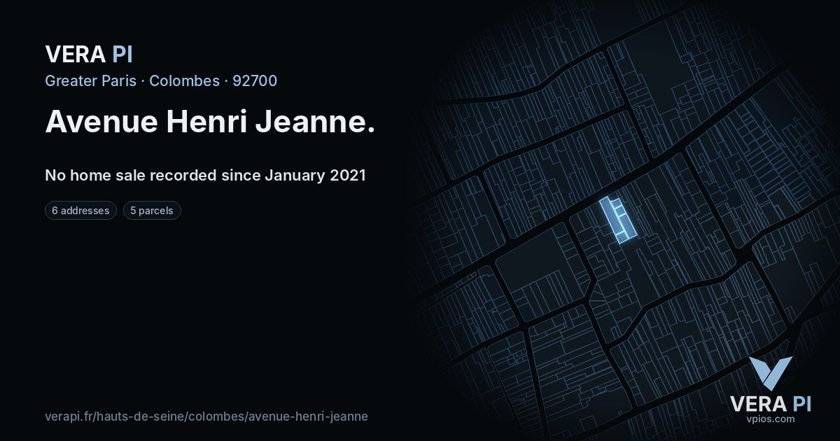 Avenue Henri Jeanne, Colombes at night – every parcel coloured by the prices around it, the street's own parcels lit