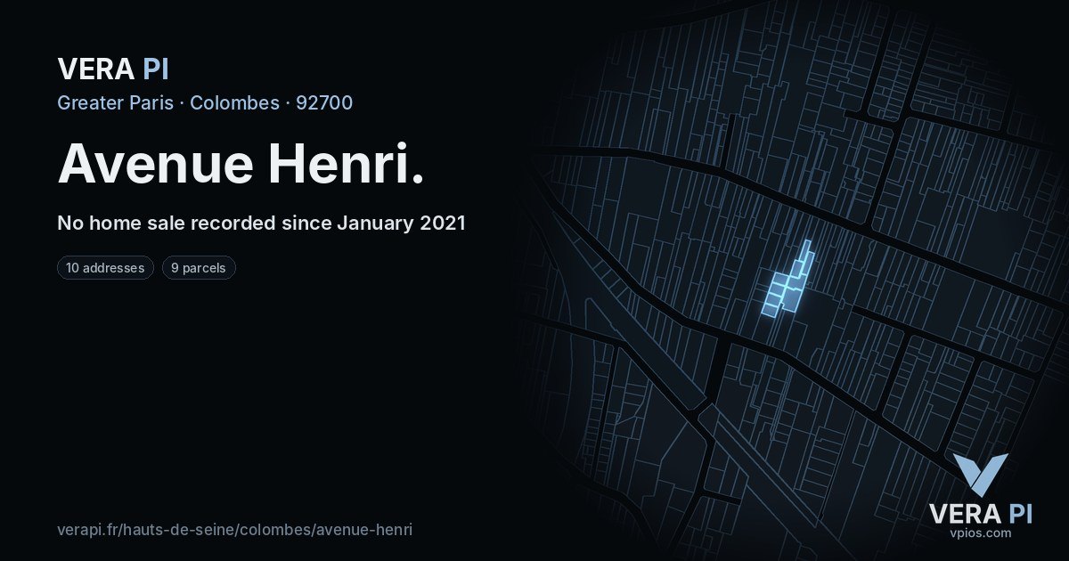 Avenue Henri, Colombes at night – every parcel coloured by the prices around it, the street's own parcels lit