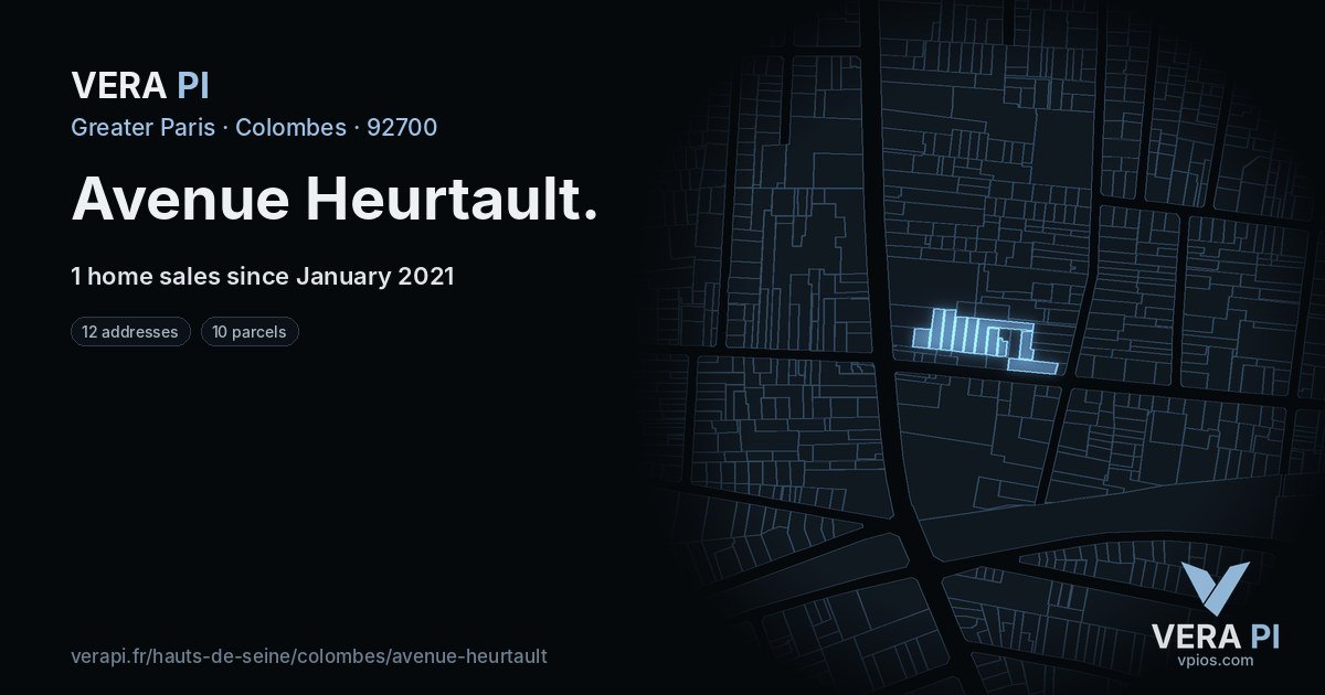 Avenue Heurtault, Colombes at night – every parcel coloured by the prices around it, the street's own parcels lit