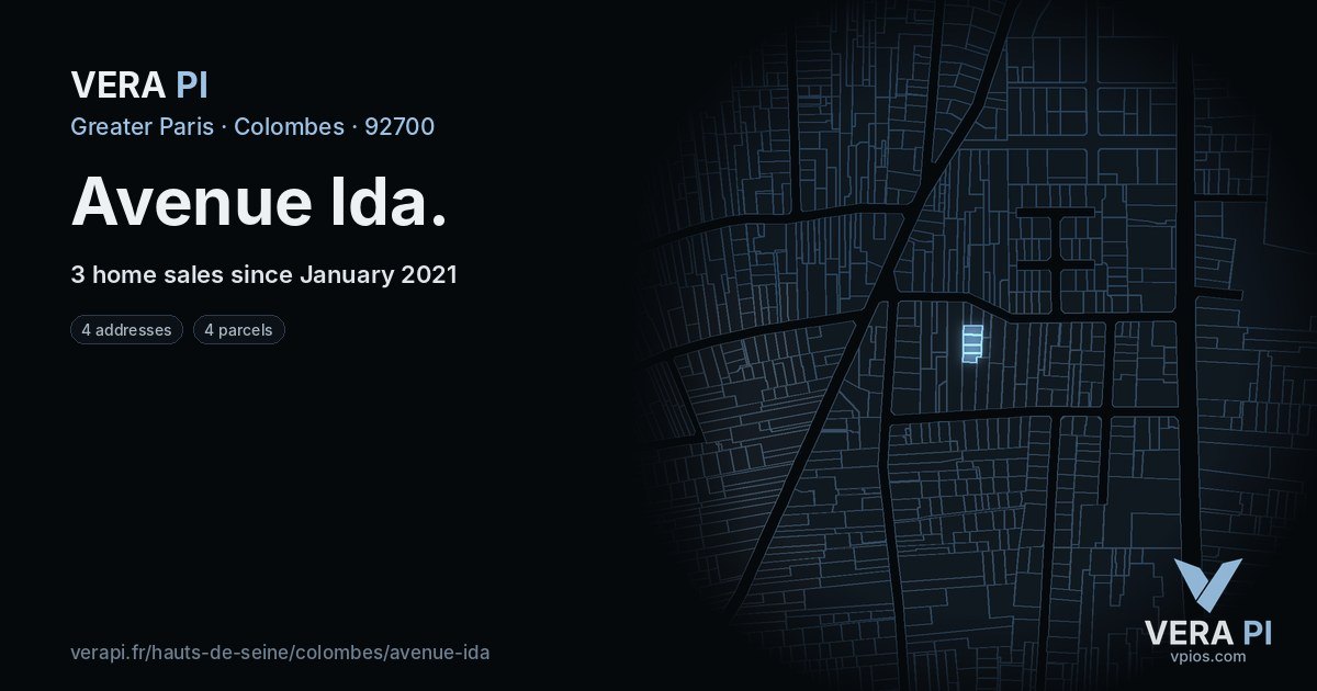 Avenue Ida, Colombes at night – every parcel coloured by the prices around it, the street's own parcels lit