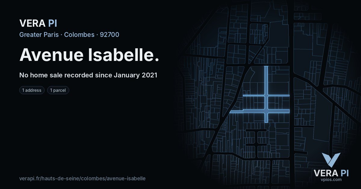 Avenue Isabelle, Colombes at night – every parcel coloured by the prices around it, the street's own parcels lit