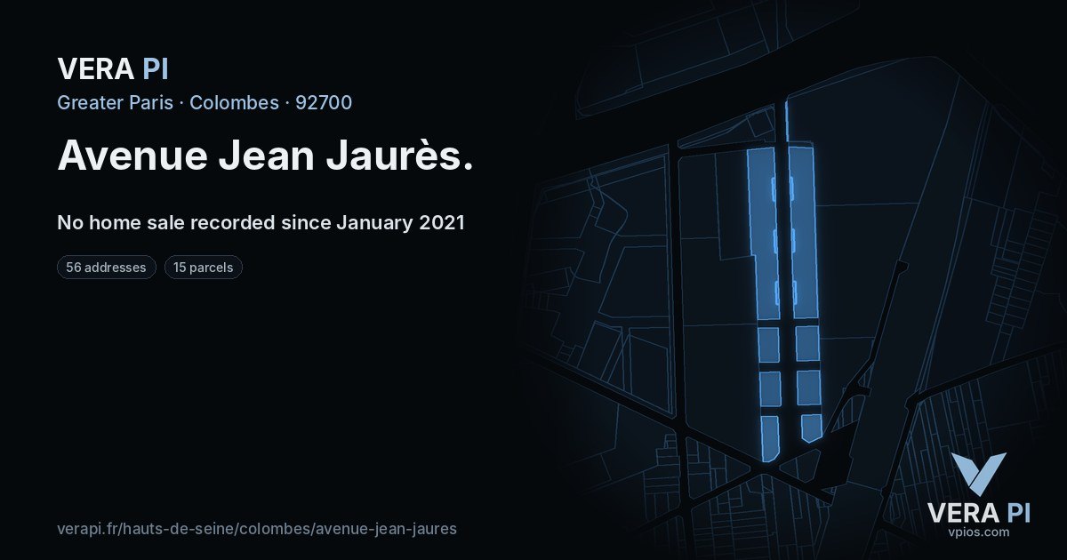 Avenue Jean Jaurès, Colombes at night – every parcel coloured by the prices around it, the street's own parcels lit