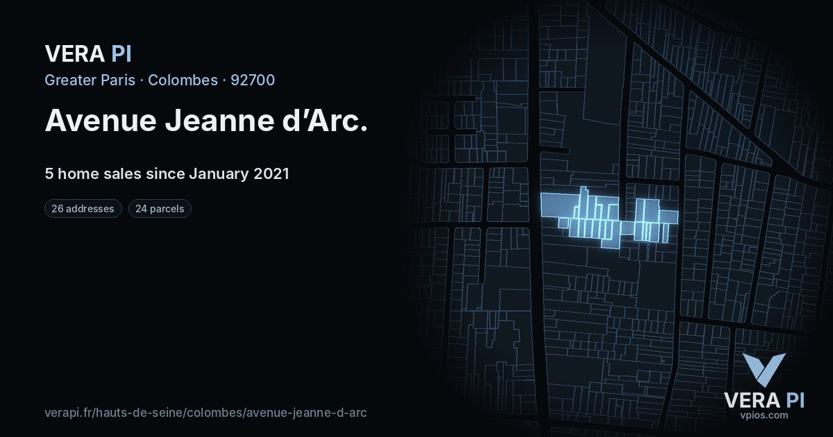 Avenue Jeanne d’Arc, Colombes at night – every parcel coloured by the prices around it, the street's own parcels lit